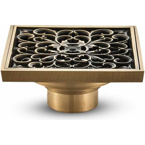 Drain de Plancher de Salle de Bain en Laiton - Anciennes Drain de Douche Carré Unique Fleur Sculptée pour Toilettes Jardin 10  10 cm (1/5)