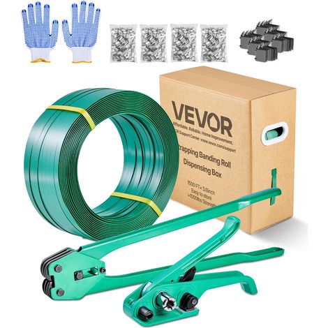 VEVOR Set di Reggiatura per Cinghie Plastiche, Rotolo di Reggetta in PET da 457 m, Kit di Reggiatrice Manuale per Spedizione Pallet Trasloco con 450 Sigilli Metallici, 150 Protezioni Angolari e Guanti (1/5)