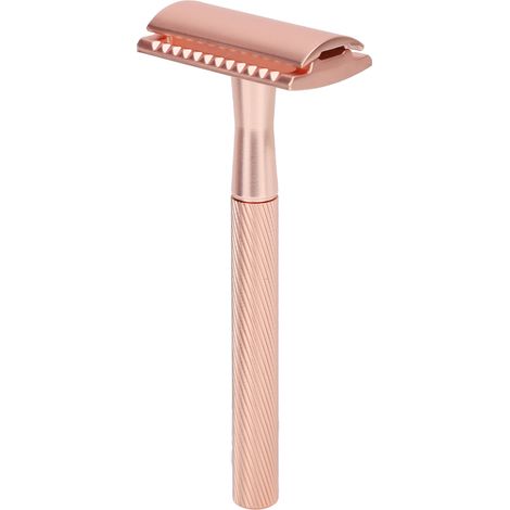 Rasoir de sûreté en zinc pour homme, manche laiton avec support, rasage double tranchant, finition cuivrée pour soins de la peau. (1/5)