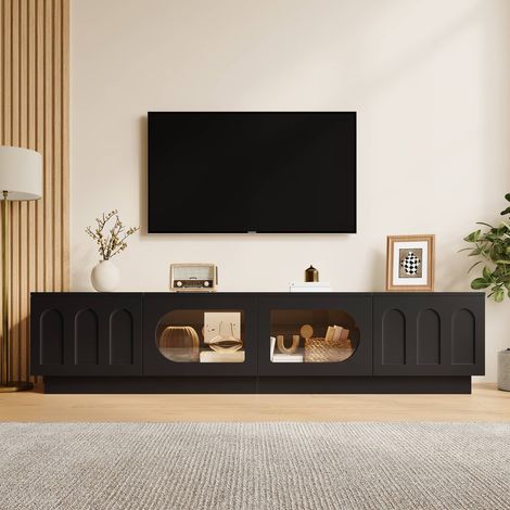 Meuble TV LED 200 cm, banc TV 4 portes avec vitrines en verre et contrôle via application, en MDF, noir (1/5)