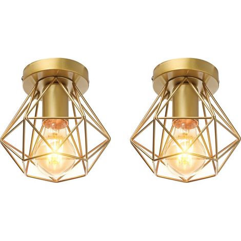 Lot de 2 Plafonnier Industriel Cage Métal Forme Diamant Lustre Suspension Luminaire Salon Couloir Doré (1/5)