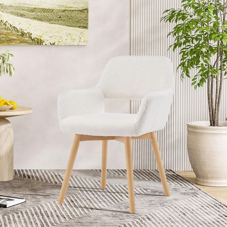 Mid-Century Sessel mit Holzbeinen, gepolsterter Schreibtischstuhl ohne Rollen, Akzentstuhl Wollweiß (1/5)