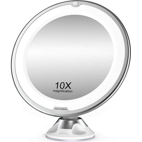 Grossissant Miroir Maquillage 10x avec Lumières LED 1 Joint à Bille d'attache Ajustable à 360° Miroir Cosmétique Portable, pour Salle de Bain, Voyage,de (1/5)