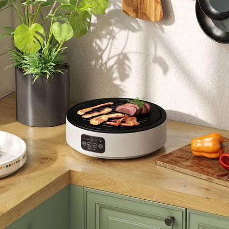 Grill et plancha 2-en-1 en céramique, 2000 W, 4 réglages de chauffe, rayonnement infrarouge, couleur blanche, pour cuisine et barbecue.