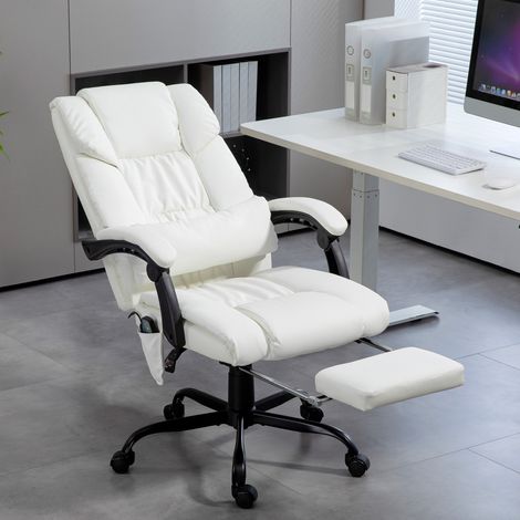 Chaise de bureau blanche avec massage à 6 points, dossier haut inclinable, repose-pieds réglable à hauteur et télécommande