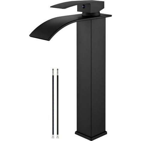 Robinet de lavabo – Mitigeur monotrou, bec cascade – Noir mat, inox SUS304 (1/4)