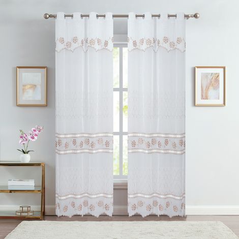 Paire voilages brodé fleurs pour baie vitrée Taupe 140x240 cm