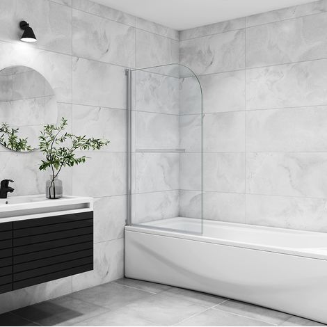 800x1400mm Bathroom Chrome Pivot Bath Shower Screen With Towel Rail Curved Frameless Glass Reversible (1/5)