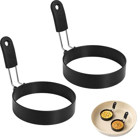 Set de 2 Cercles à Œufs au Plat, Moule à Omelette Antiadhésif en Acier Inoxydable Diamètre 9 cm, Emporte-Pièce à Pancakes avec Poignée en Silicone, Ustensile de Cuisine Induction et Gaz (1/5)
