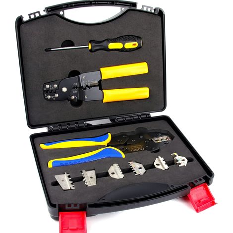 Lot de 7 outils de sertissage à cliquet avec 4 matrices interchangeables, pince à dénuder et cutter, tournevis pour thermorétractable, connecteurs non isolés, bornes à virole (1/5)
