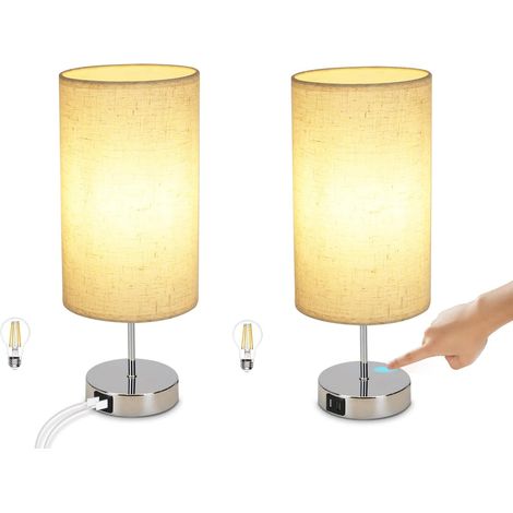 ZMH Lot de 2 Lampe de Chevet -Touch Dimmable E27 Avec Chargeur USB Chrome Avec Abat-jour en Tissu Pour Chambre à Coucher, Salon, Table de Che