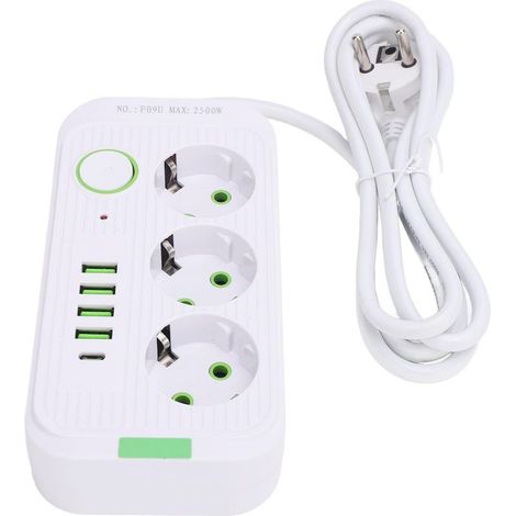 Multiprise Européenne 3 Prises 4 Ports USB 1 Type C Extension de Prise électrique Murale avec Câble de 2 M 10 et 2500 Ports USB de Conception Européenne Cet Adaptateur de 1 à (White) (1/5)