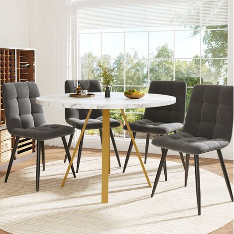 Esstisch-Set (5-teilig), runder Esstisch, 80×80×75 cm Esstisch (inkl. 4 Esszimmerstühle), runder Couchtisch für 4 Personen, Samtstühle (inkl. weißem Marmortisch), graue Esszimmerstühle (1/5)