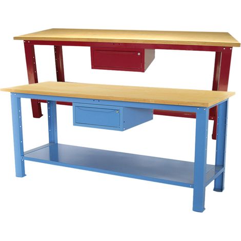Banco da lavoro SOGI 2 metri con piano in legno portata 1000 kg + 1 cassetto - blu/rosso, ColoreBlu (1/5)
