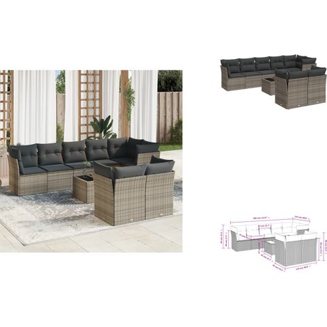 9-tlg. Garten-Sofagarnitur mit Kissen Grau Poly Rattan - Gartenmöbel Set - PE-Rattan Möbel - Outdoor Sofa - Esstisch - Lounge Garnitur (1/3)