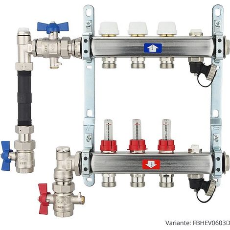 Fußbodenheizungsverteiler aus Edelstahl mit Topmeter für 3 Heizkreise - mit WMZ-Anschlussset 110 mm senkrecht (1/3)