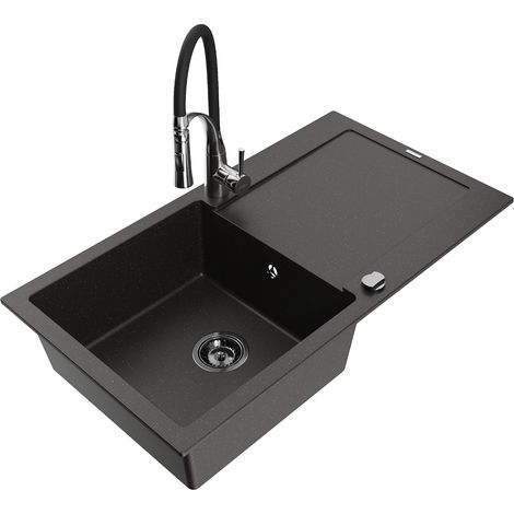 Mexen Leo lavello in granito 1-vasca con sgocciolatoio e miscelatore cucina Aster, nero/oro metallizzato - 6501-75-73450-07-B (1/5)