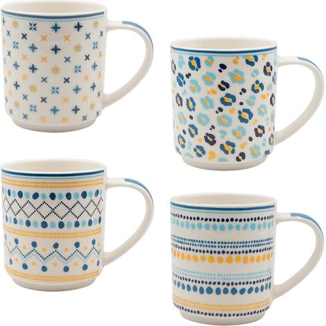 Set 4 tazze colorate da 340 ml in porcellana perfette per gustare una calda tazza latte, tè e caffè lungo - Adatte per microonde e lavastoviglie - Fan (1/5)