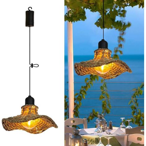 Lustre d'extérieur bohème en rotin, adapté aux jardins et aux belvédères, alimenté par batterie/sans télécommande, 18,58 cm, lumière chaude (1/5)