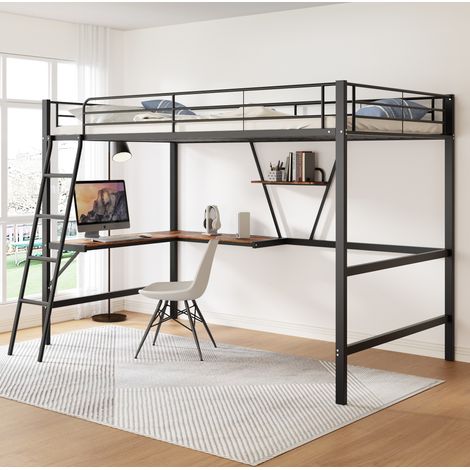 Hochbett 90x200 cm schwarz aus Metall und MDF mit L-förmigem Schreibtisch, Regal und Leiter (1/5)