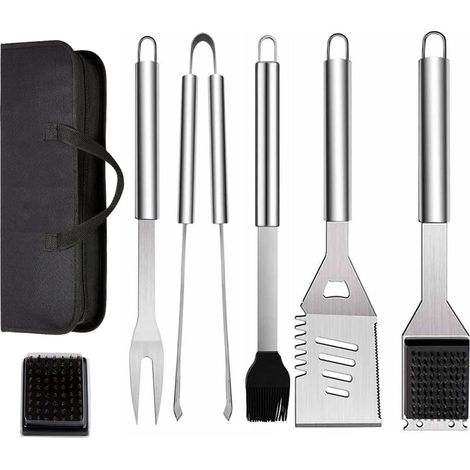 Set di 6 utensili per barbecue in acciaio inossidabile con borsa per il trasporto, spatola, pinze e forchettone accessori per barbecue, cucina e campeggio all'aperto