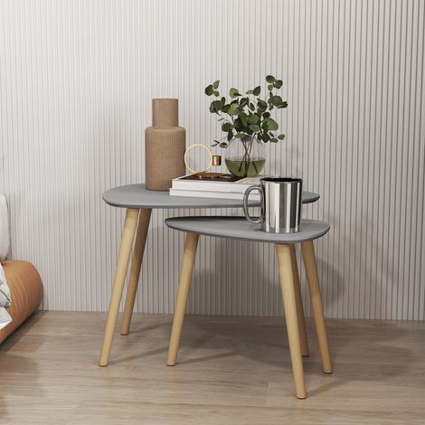 HOMCOM 2er-Set Beistelltische in Reihe mit Holzbeinen, 59,5 x 39,5 x 45 cm und 44,5 x 28,5 x 40 cm, Grau und Natur