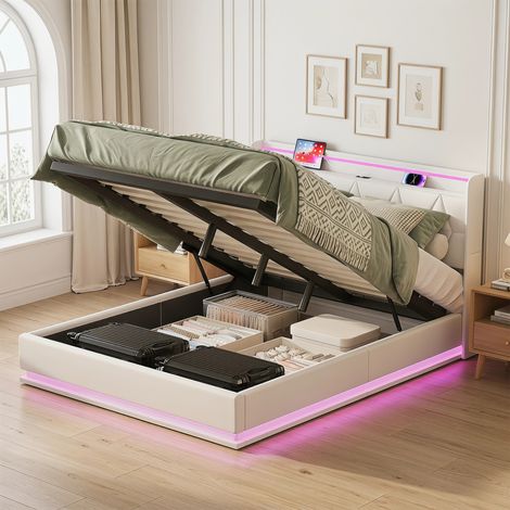 Lit coffre 140x190 - Tête de Lit Velours Blanc - USB et LED - sommier inclus - 2 personnes
