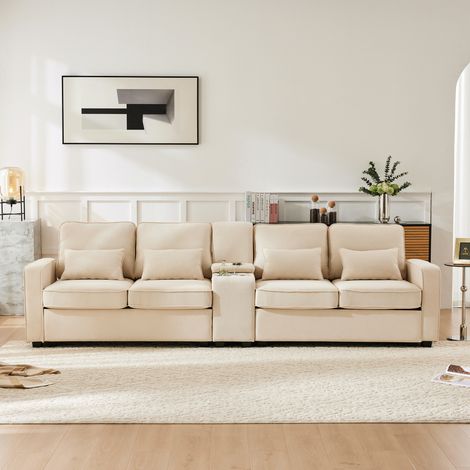 Canapé 4 places 290x83x88 cm beige en lin avec console, 2 porte-gobelets, USB et rangement (1/5)