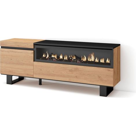 Skraut Home - Mueble TV, Televisión, Muebles de salón, almacenaje, 150x57x35cm, Para TV hasta 65", Chimenea eléctrica, Diseño industrial, Estilo Moderno, Roble y negro (1/5)
