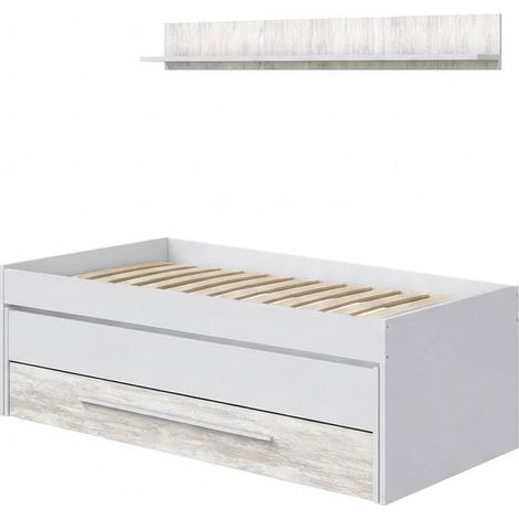 Cama Nido Juvenil Elliot con Estante + 1 Cajon, 199 cm, Blanco y Gris + Somier Creta 90x190 (1/5)