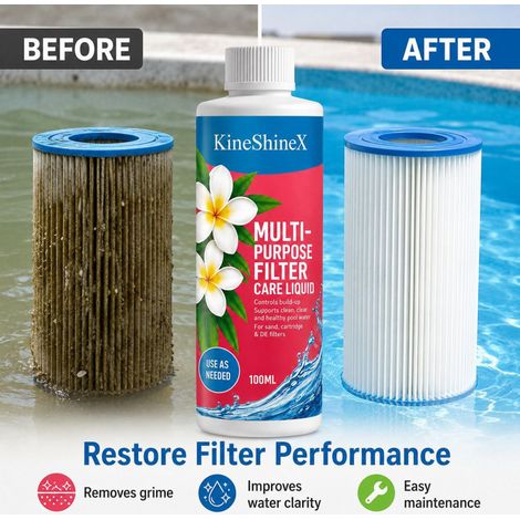 KineShineX Multi-Purpose Pool Filter Solution dissolves stains, removes odors, and clears impurities, leaving the pool clear. (1/4)