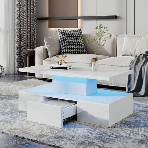 Table basse 100x50x39 cm blanche en panneaux de particules avec LED, tablette ouverte et 1 tiroir (1/5)