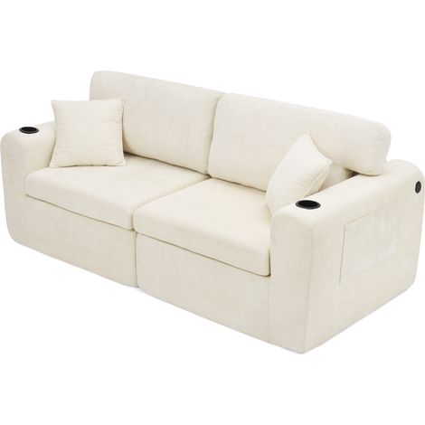 Canapé 2 places en tissu chenille beige avec porte-revues latéral et porte-boissons pour petits espaces (1/5)
