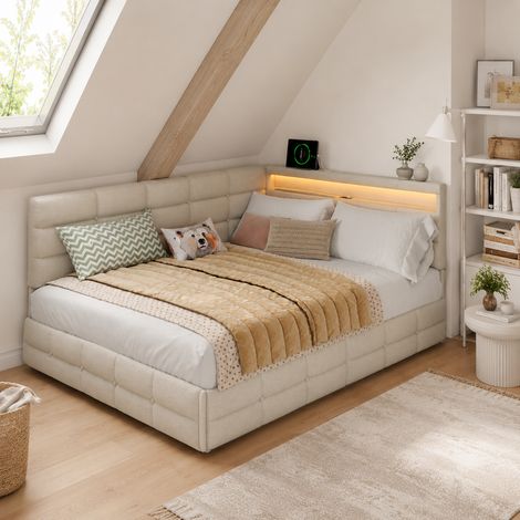 Lit Coffre Double 140x190 cm, Canapé-lit avec LED et USB, Lit Capitonné avec 2 Tiroirs, Lit avec Sommier à Lattes, Lin Beige (1/5)