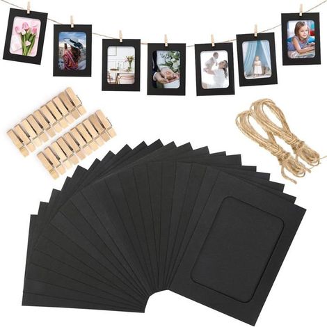 Lot de 20 cadres photo en papier 15,2 cm avec pinces en bois et corde de suspension - Noir (1/5)