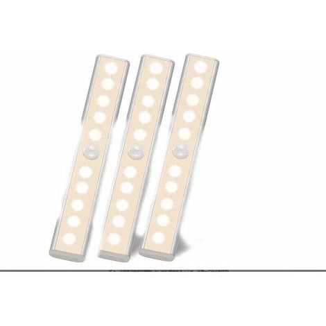 Lampe LED Detecteur Mouvement Interieur - 3 Paquet 10 LED Placard Dressing sans Fil Eclairage à Pile avec Adhesive Lampe sous Meuble Cuisine pour Armoire Escalier Lumiere Automatique Veilleuse Chaud (1/4)