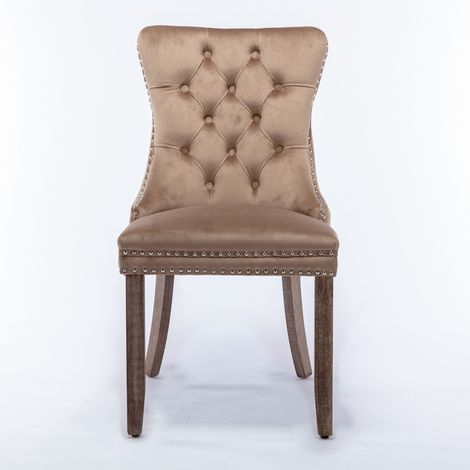 Lot de 2 chaises de salle à manger modernes, beige velours, piètement en bois massif, capitonnées à clous, haut de gamme