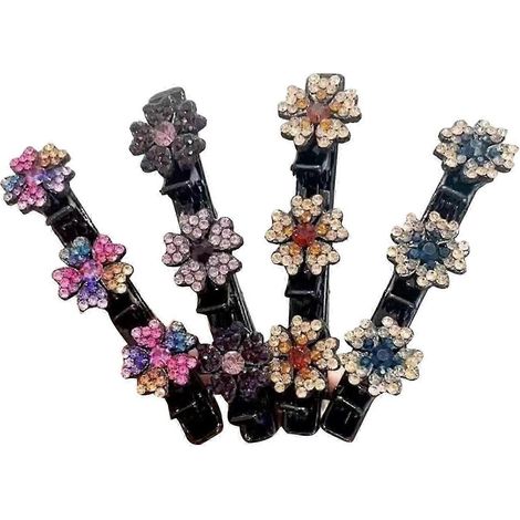 Lot de 3 ou 4 pinces à cheveux pour fille, décorées de fleurs scintillantes en strass, avec un design à double couche pour la frange.-K (1/5)