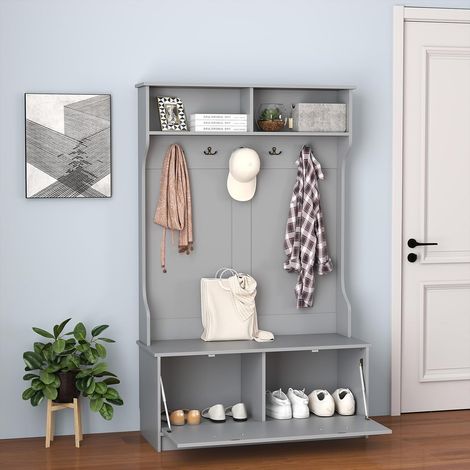GOPLUS Portemanteaux pour Entrée, Meuble Entrée avec Banc, Armoire de Rangement, 5 Crochets Doubles, Portemanteau Autoportant pour Salon, Chambre à Coucher, 100X40X160CM (Gris) (1/5)