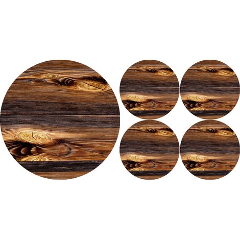 Juego de manteles individuales redondos 1+4 Madera - 33 cm + 4×16 cm  fieltro ecológico, impresión HD, lavable a 40 °C, Bertoni (1/5)