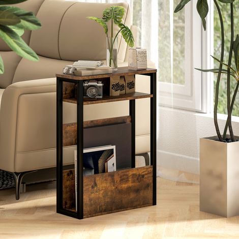 Couchtisch im Industriestil mit 2 Ablageflächen, Beistelltisch aus Holz und Metall, 46 x 18 x 58,5 cm, rustikales Braun