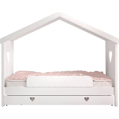 Lit Gigogne Cabane Enfant Ouvert & Barrière "Amori" 90x200cm Blanc (1/5)