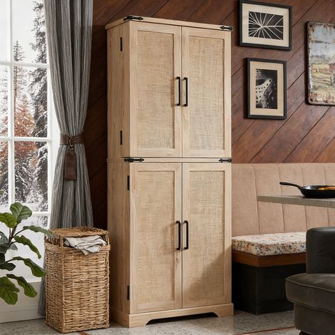 Armoire de Cuisine Style Campagnard, Colonne de Cuisine 183 cm avec Portes Coulissantes de Grange, 1 Tiroir & Étagères Réglables, Grand Rangement - Panneau de Particules Rotin Naturel (1/5)