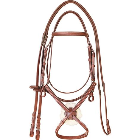 Pony, Marrone Scuro: Briglia inglese in cuoio a incrocio messicano con ricamo bianco e redini in gomma