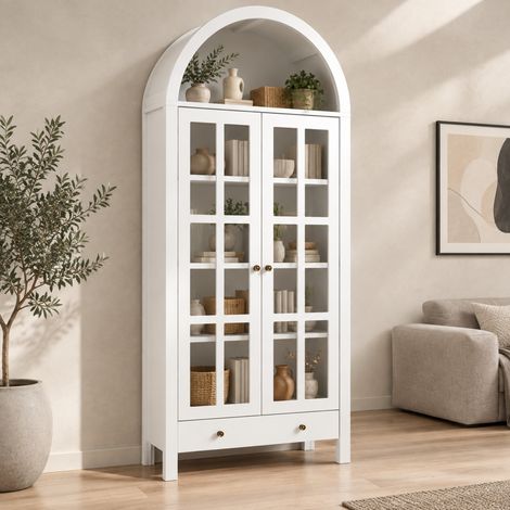 Vitrine colonne blanche avec portes en acrylique transparent, étagères, tiroir et espace ouvert en arc, meuble de rangement en MDF 75 x 35 x 170,5 cm pour salon, bureau – CHICFURN (1/5)