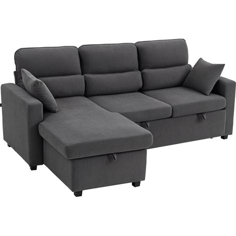 Verstellbares Bettsofa, L-förmiges Gästesofa mit Bettfunktion, Stauraum, Kissen, für Wohnzimmer, Gästezimmer, Dunkelgrau
