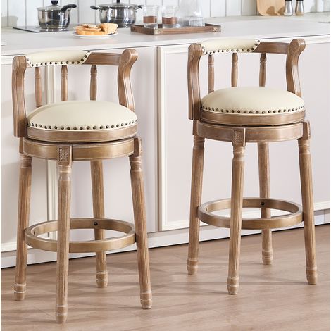 Sgabello da bar girevole 360° in pelle e legno, con schienale, bianco, OKWISH (1/5)