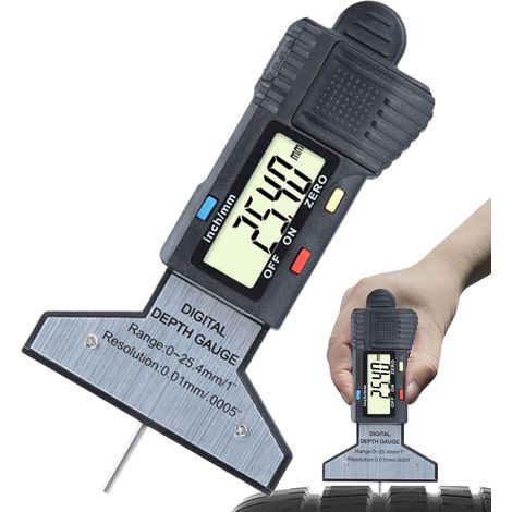 Testeur de profondeur de profil de pneu - Écran LCD électronique de 0,01 mm - Plage de mesure de 0 à 25,4 mm - Avec ressort de rappel pour conducteurs et débutants