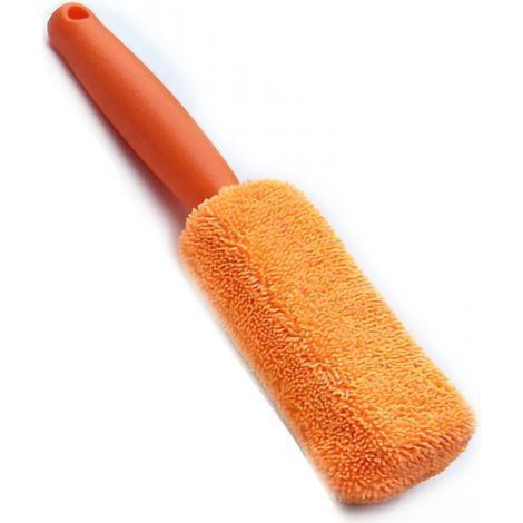 Spazzola in microfibra per la pulizia dei cerchioni dell'auto, con manico lungo, flessibile e riutilizzabile, ideale per autolavaggi, colore arancione.