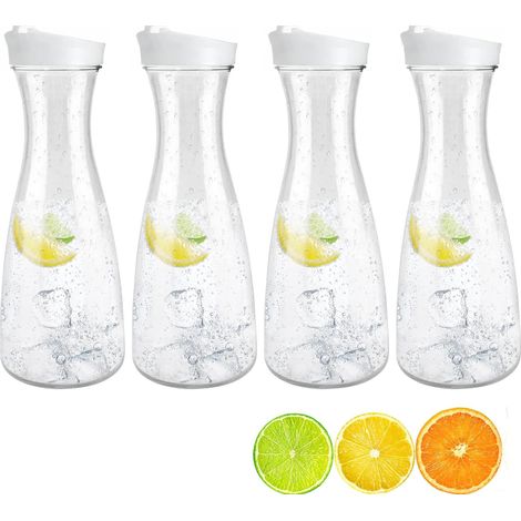 4 carafes eau plastique coniques 1,5L, couvercles, transparence, boissons froides/jus. (1/5)